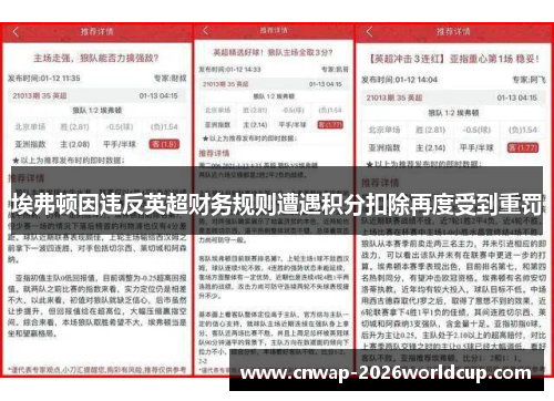 埃弗顿因违反英超财务规则遭遇积分扣除再度受到重罚